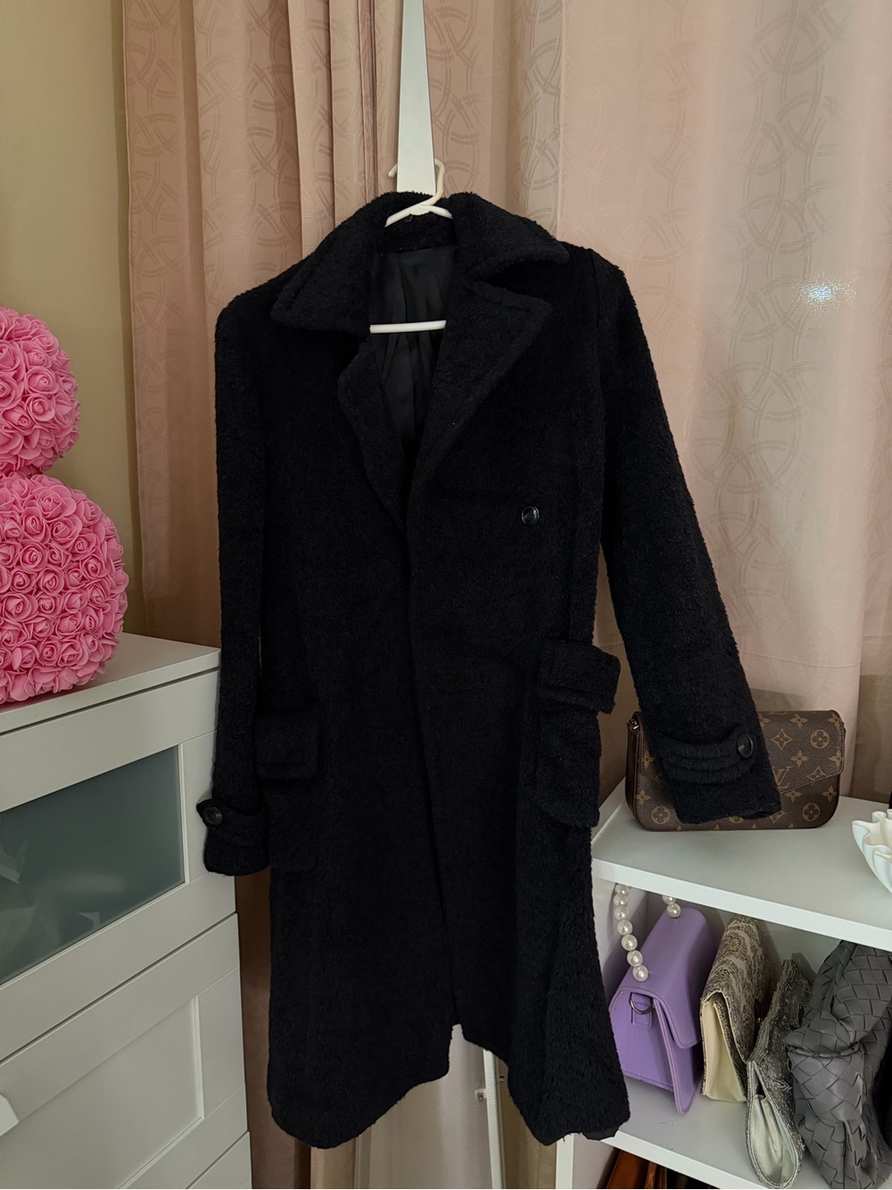 Black Faux Shearling Long Coat - Women's Jacket